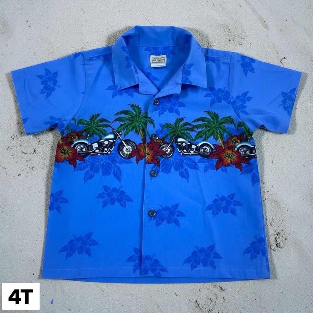 Y2K Arizona Hawaiian Shirt Toddler Boys 4T Top Motorcycle Palm Trees Flowers VTG